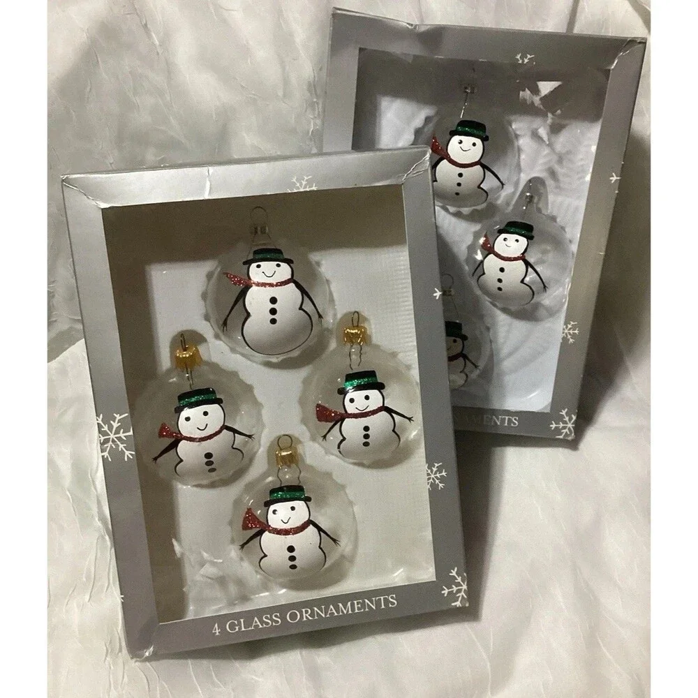 Painted Snowman Clear Glass Christmas Ornaments 2003 Target 2 Boxed Sets 8 Balls